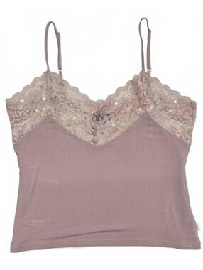 Y2K AKA Baby Pink Sequinned Lace Camisole Built In Cream Under Layer Sz L Fairy